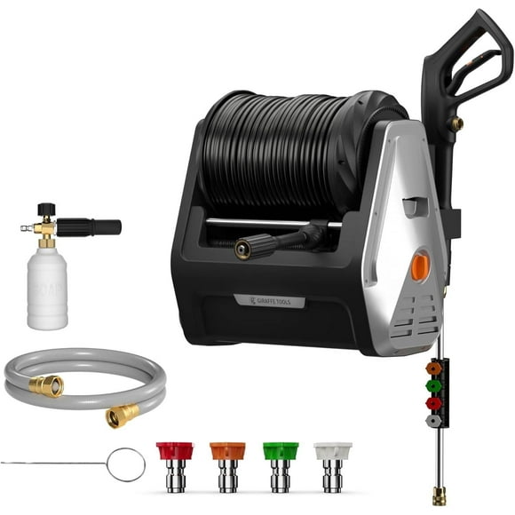 Giraffe Tools Max 2900 PSI Pressure Washer with 100ft Retractable Hose, Wall-Mount, Light Silver