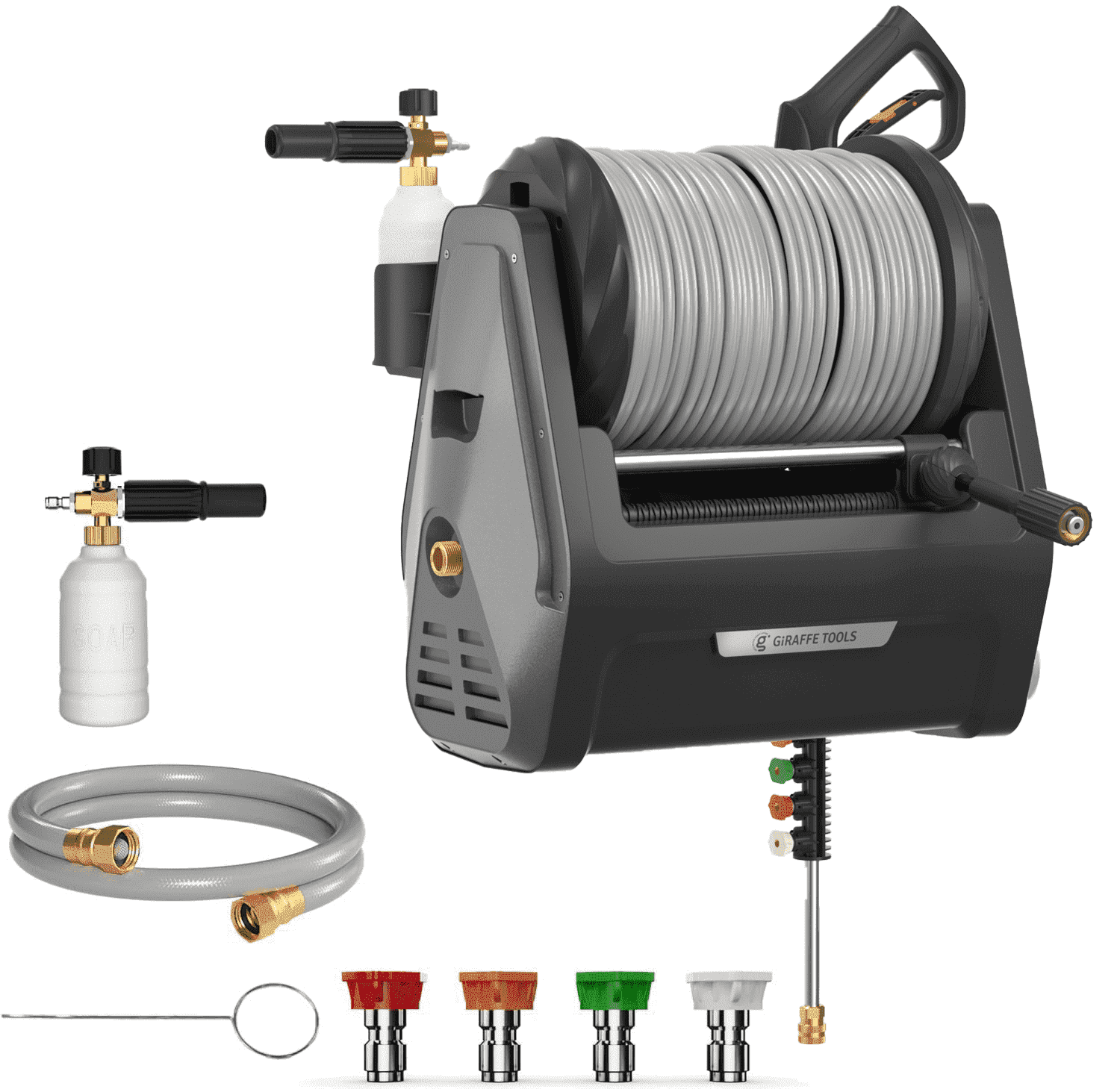 Giraffe Tools Max 2900 PSI 2.2 Gpm Electric Pressure Power Washer-1/2in-100ft Ultra-Soft Hose, Bach Sliver
