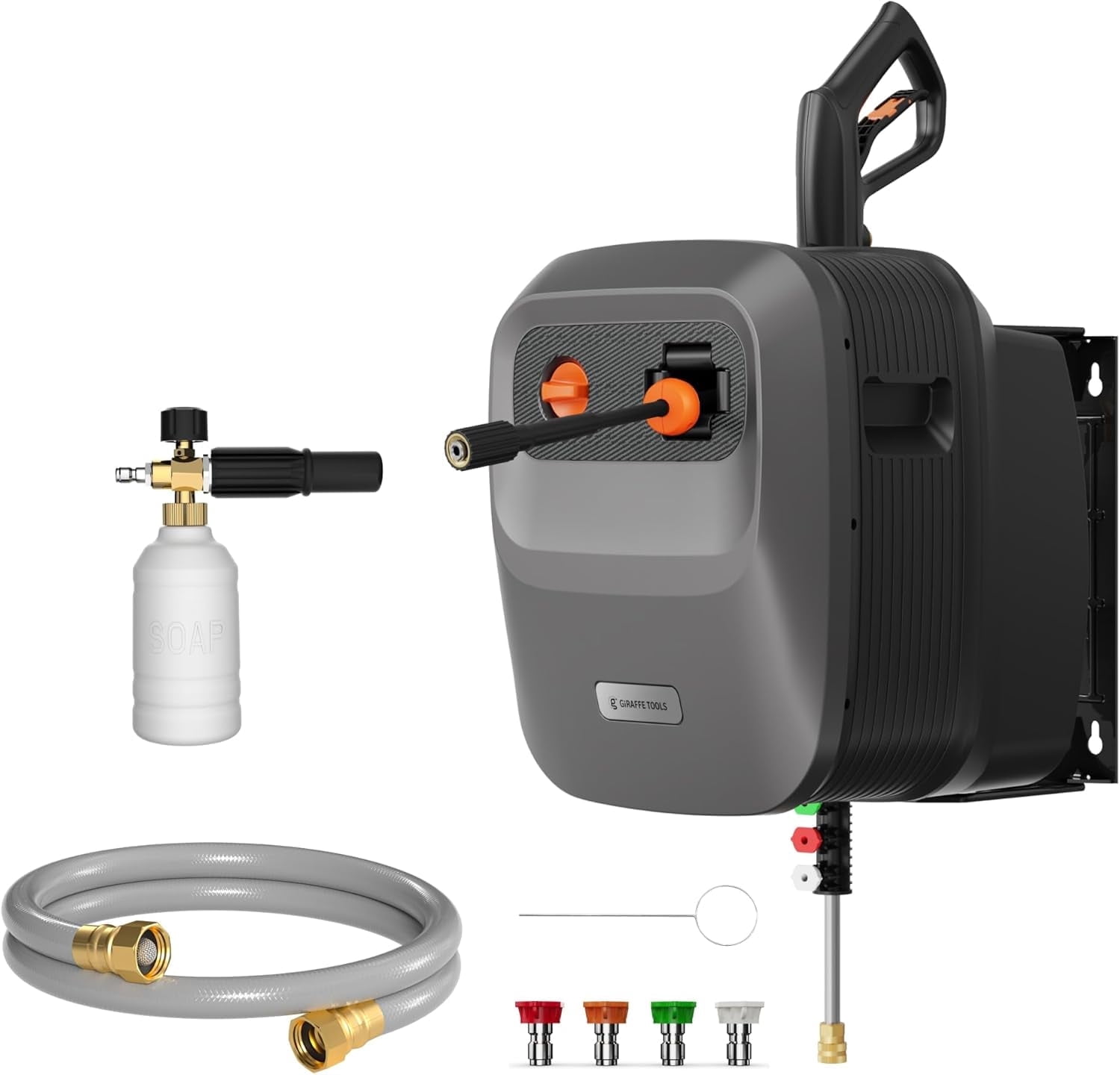 Giraffe Tools Max 2500 PSI Grandfalls Pressure Washer G20BPRO with 65ft Retractable Hose, Wall-Mount, Bach Sliver