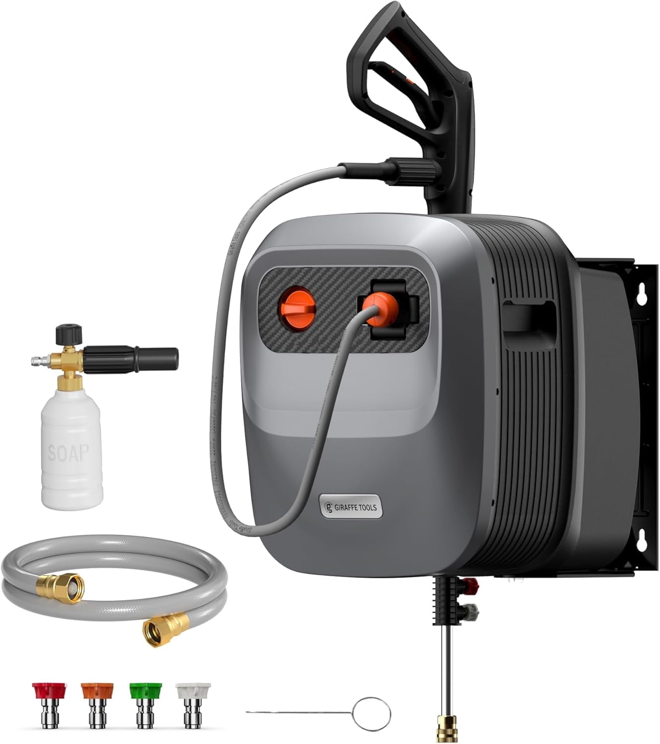 Giraffe Tools Max 2500 PSI Grandfalls Pressure Washer G20PRO with 65ft Retractable Hose Ultra-Soft Gray Hose, Wall-Mount, Bach Sliver