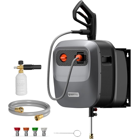 Giraffe Tools Max 2500 PSI Grandfalls Pressure Washer G20PRO with 65ft Retractable Hose Ultra-Soft Gray Hose, Wall-Mount, Bach Sliver