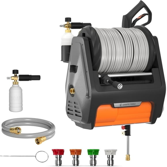Giraffe Tools Max 3700 PSI Pressure Washer Pro with 100ft Retractable Hose, Wall-Mount, Bach Sliver