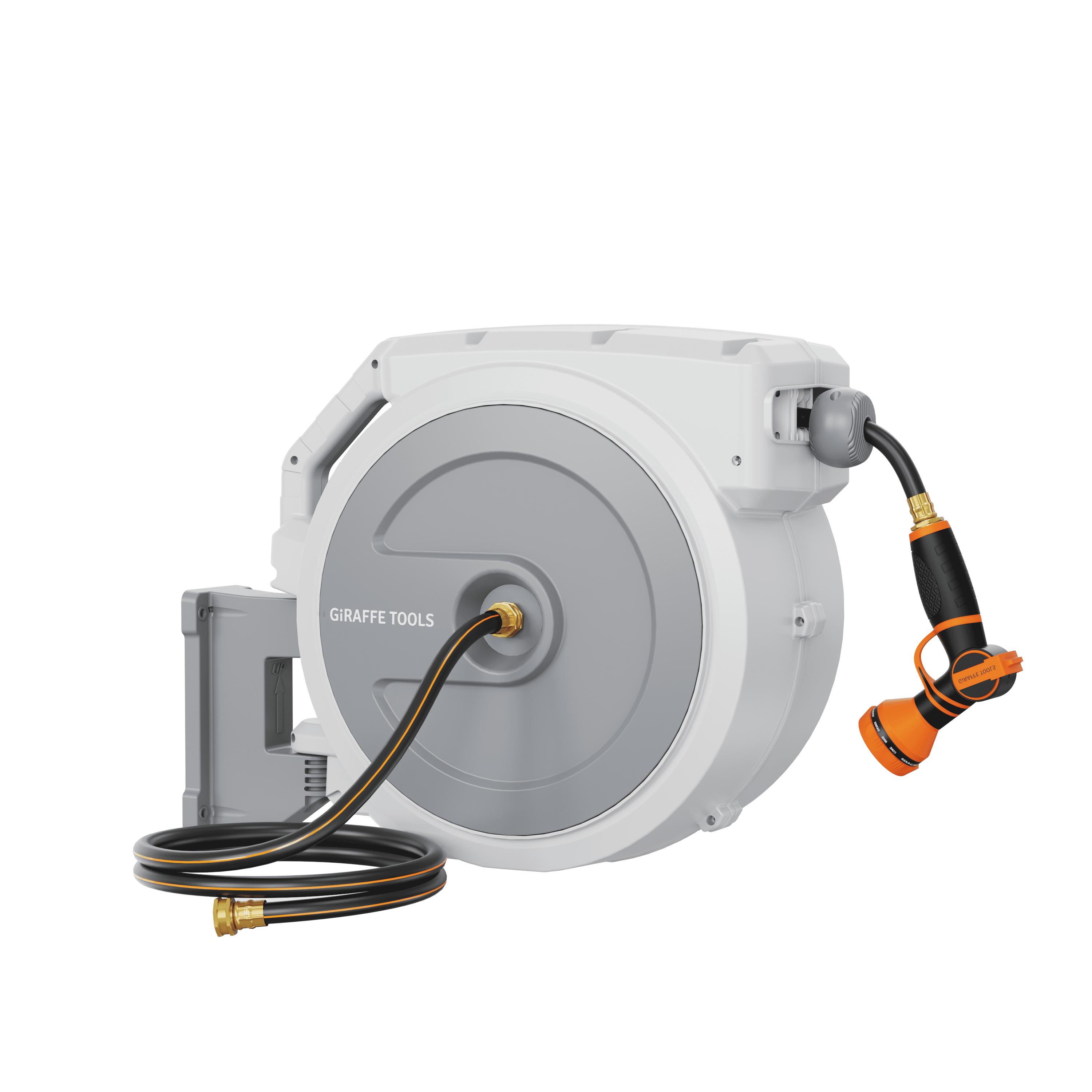 Giraffe Tools Retractable Garden Hose Reel with 14mm-100ft Water Hose, Plastic Bracket, Wall Mounted, Light Grey
