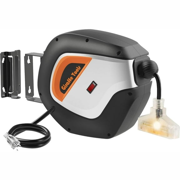 Giraffe Tools Retractable Extension Power Cord Reel, 12AWG-50ft SJT, Swivel Bracket, Wall/Ceiling Mount for Garage with Lighted Triple Tap