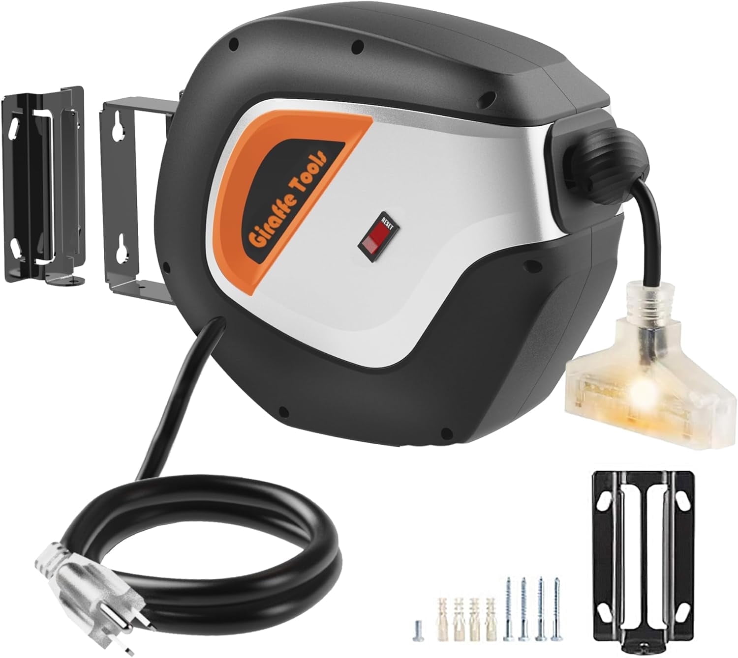 Giraffe Tools Retractable Extension Power Cord Reel, 14AWG-50ft SJT, Swivel Bracket, Wall/Ceiling Mount for Garage with Lighted Triple Tap