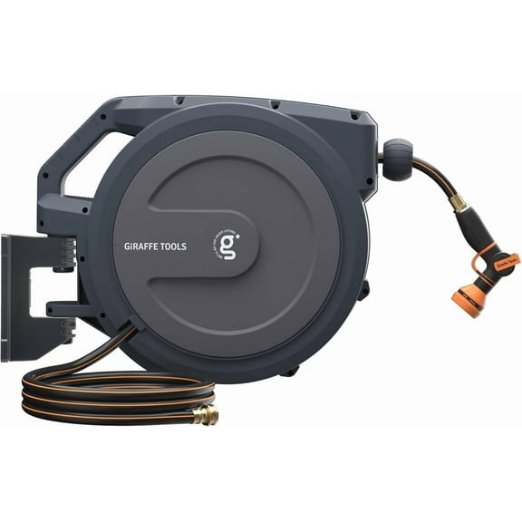 Giraffe Tools Retractable Garden Hose Reel with 1/2in-100ft Hose, Metal Bracket