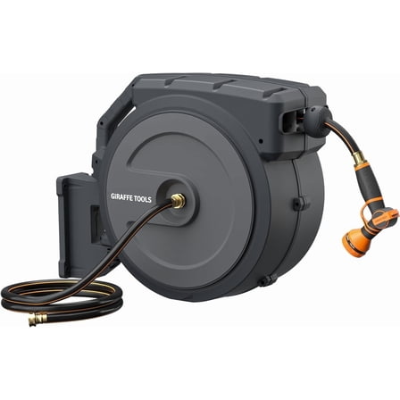 Giraffe Tools Retractable Garden Hose Reel with 1/2in-130ft Hose, Metal Bracket, Wall Mounted, Dark Grey