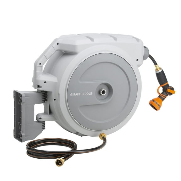Giraffe Tools Garden Retractable Hose Reel-1/2in-130ft, Wall Mounted, Light Grey