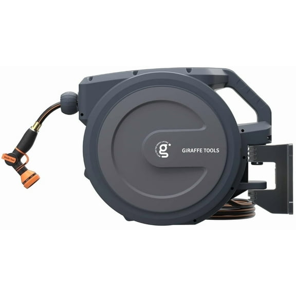 Giraffe Tools Retractable Garden Hose Reel with 1/2in-78ft Hose, Metal Bracket, Wall Mounted, Dark Grey