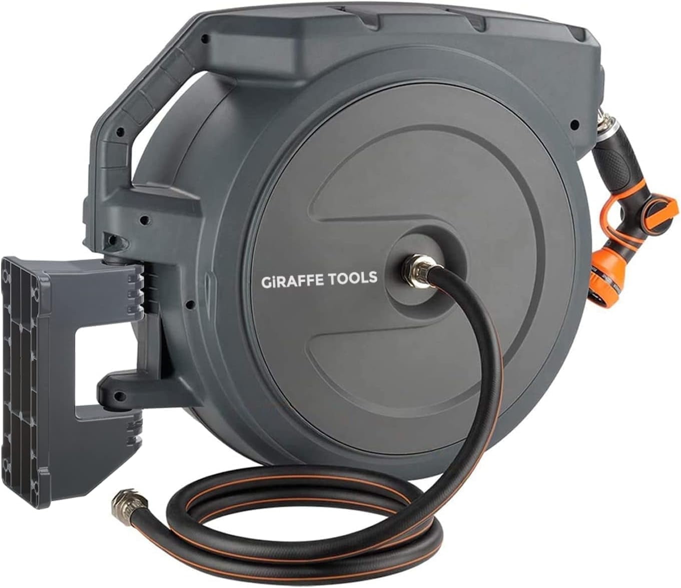 Giraffe Tools Garden Retractable Hose Reel-5/8in-90ft, Metal Bracket, Wall Mounted, Dark Grey