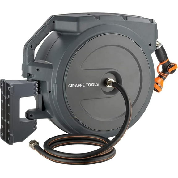 Giraffe Tools Garden Retractable Hose Reel-5/8in-90ft, Metal Bracket, Wall Mounted, Dark Grey