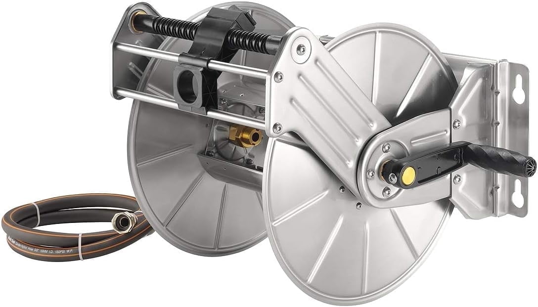 Giraffe Tools Stainless Steel Garden Hose Reel, Heavy Duty, Wall/Floor Mounted with Crank, 5/8in-150ft Hose Capacity