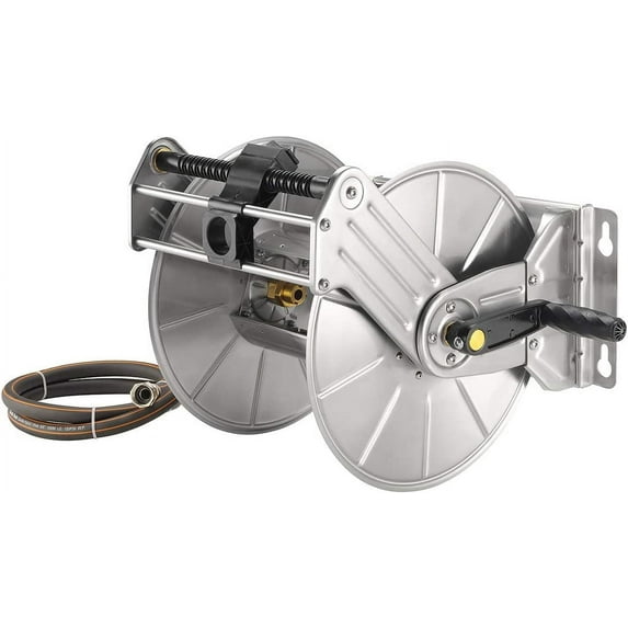 Giraffe Tools Stainless Steel Garden Hose Reel with 5/8" x 100 ft Heavy Duty Hose, Wall/Floor Mounted Metal Water Hose Reel with Crank Handle