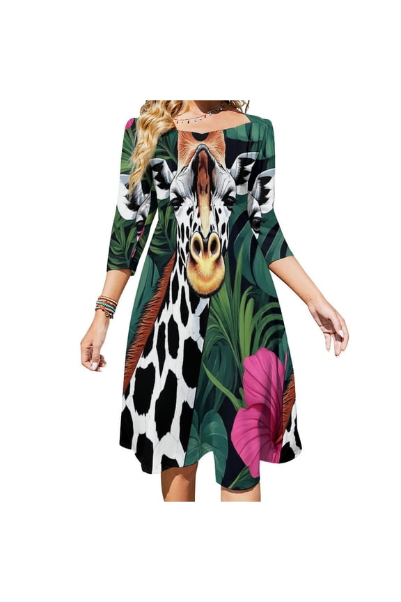 Giraffe Tropical Leaves Vibrant Art Womens Summer Dress Tie Back A Line Flare Dress