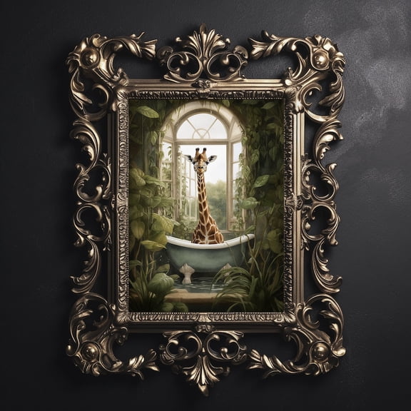Giraffe In Tub Flower Bathroom Print, Giraffe In Botanical Bath Bathtub Vintage Poster, Safari Animal Dark Academia Print, Decor UNFRAMED PAPER POSTER, Home Decor, Vintage Gift, Living Room Dercor