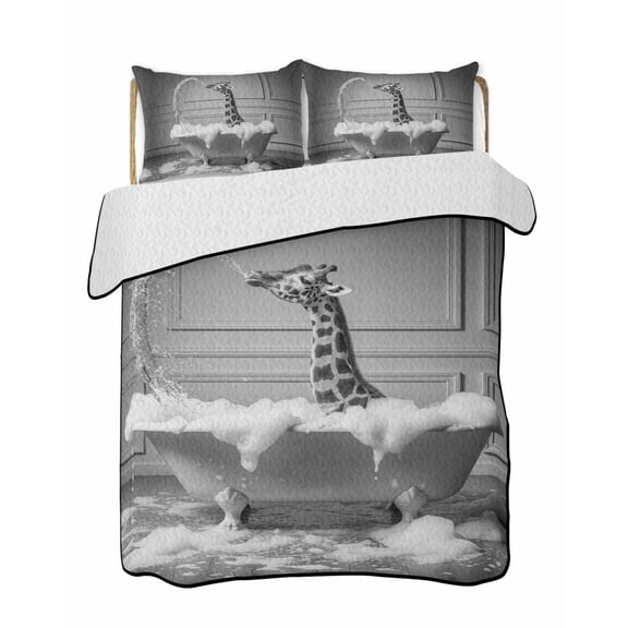 Giraffe in Tub Quilts Bedding Set Twin Size Vintage Abstract Funny Black White Animal Bathing in Bathroom Lightweight Quilted Bedspread 3 Piece Bed Quilt with 2 Pillow Shams for Bedroom 68" x 86"