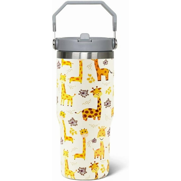 Giraffe Tumbler with Handle and Straw, Stainless Steel Vacuum Insulated Flip Straw 30 oz Giraffe Tumbler Spill Proof Coffee Travel Mug Giraffe Gifts for Women