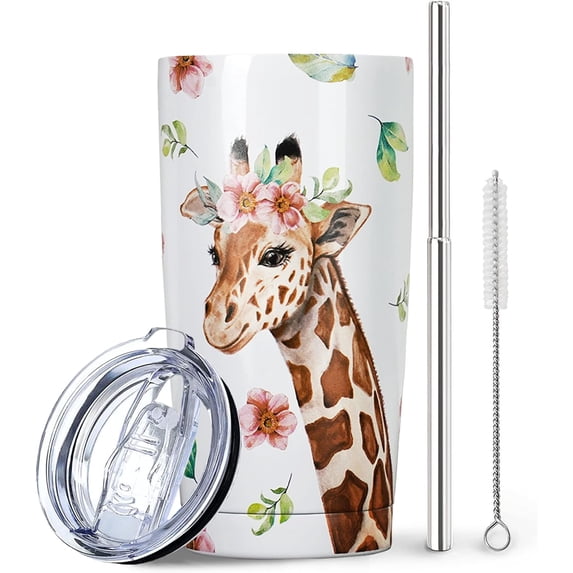 Giraffe Tumbler with Lid and Straw, Unique Giraffe Gifts for Women, Men Girls, Cute Watercolor Giraffe Tumbler Water Bottle Cup Coffee Mug, Stainless Steel Thermal Insulated Tumblers 20 Oz