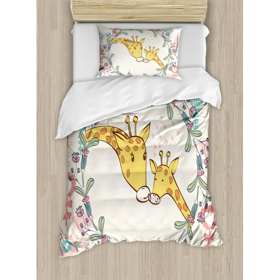 Giraffe Twin Size Duvet Cover Set, Cartoon Mom and Animal Figures Surrounded by Floral Ornaments Heart Shapes Flowers, Decorative 2 Piece Bedding Set with 1 Pillow Sham, Multicolor, by Ambesonne