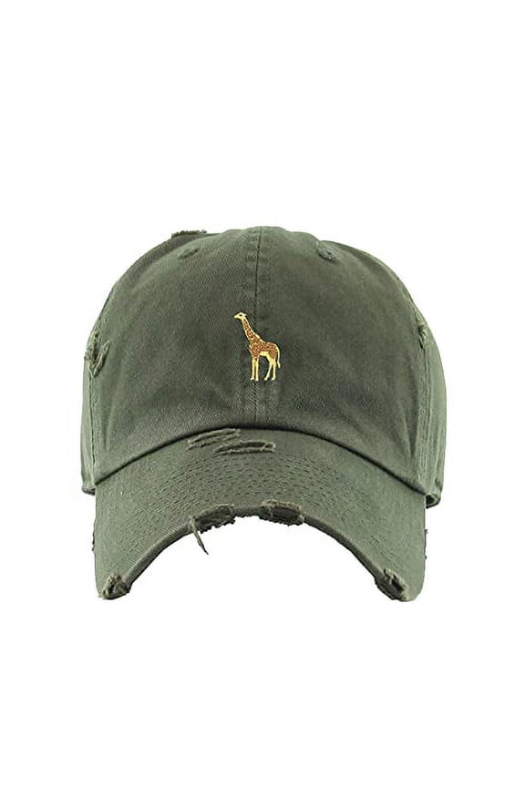 Giraffe Vintage Baseball Cap Embroidered Cotton Adjustable Distressed Dad Hat Olive