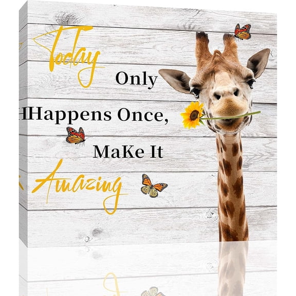 Giraffe Wall Art Decor Cute Giraffe Sunflower Butterfly Picture Wall Decor Home Kids Room Nursery Decor Animal Canvas Wall Art Framed Painting (Wooden frame16''''x16'''',GIRAFFE)