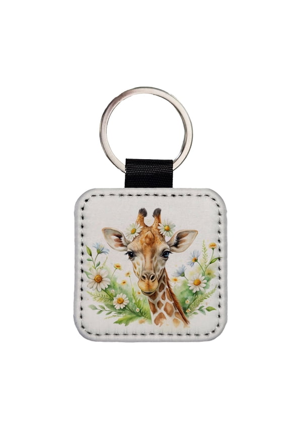 Giraffe Watercolor Design With Daisies Faux Leather Square Keychain