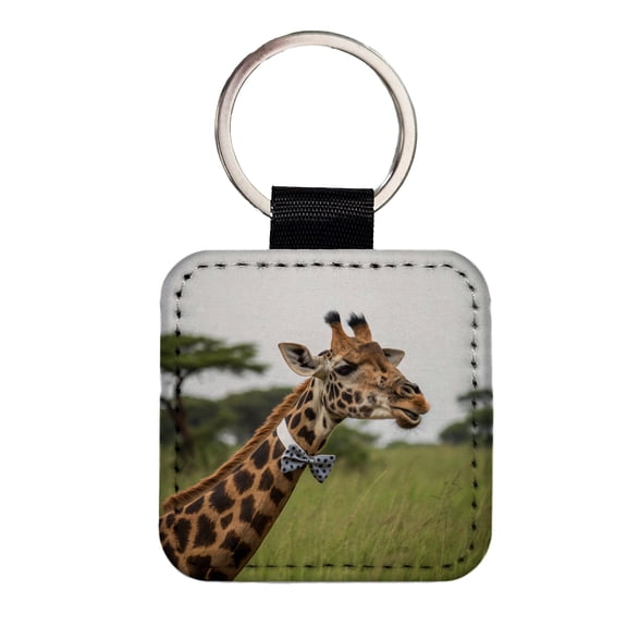 Giraffe Wearing Bow Tie Faux Leather Square Keychain