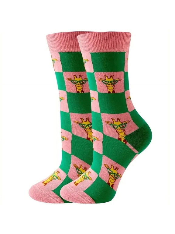 Giraffe Wearing Glasses Checker Pattern Socks (Adult Medium - Women's Shoe Sizes 5-10)