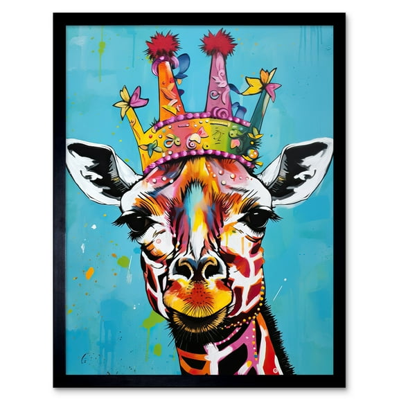 Giraffe Wearing Princess Crown Modern Folk Art Art Print Framed Poster Wall Decor 12x16 inch