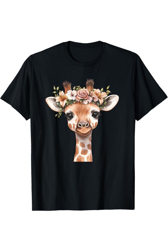 Giraffe With Flower Crown Cute Animal T-Shirt, F1022