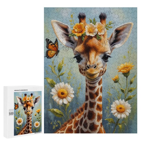 Giraffe With Flower Oil Painting 500-Piece Jigsaw Puzzle for Adults - Perfect for Relaxation and Enjoyment,Wooden