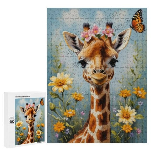 Giraffe With Flower Oil Painting 500-Piece Puzzle for Adults - A Fun and Relaxing Way to Celebrate Your Love for Giraffes,Wooden