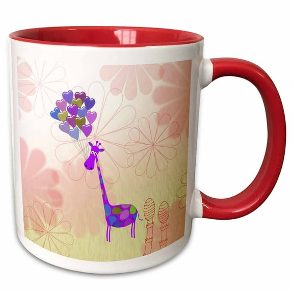 3drose, Giraffe with Heart Balloons on Flowers, Pink, Yellow, Purple, and Green, 11oz Two-tone Red Mug
