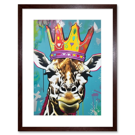 Giraffe With Queen Birthday Crown Modern Pop Art Artwork Framed Wall Art Print 9X7 Inch