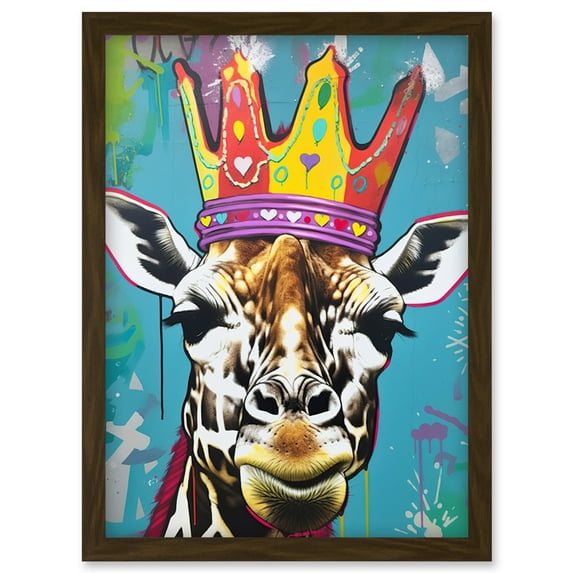 Giraffe With Queen Birthday Crown Modern Pop Art Artwork Framed Wall Art Print A4