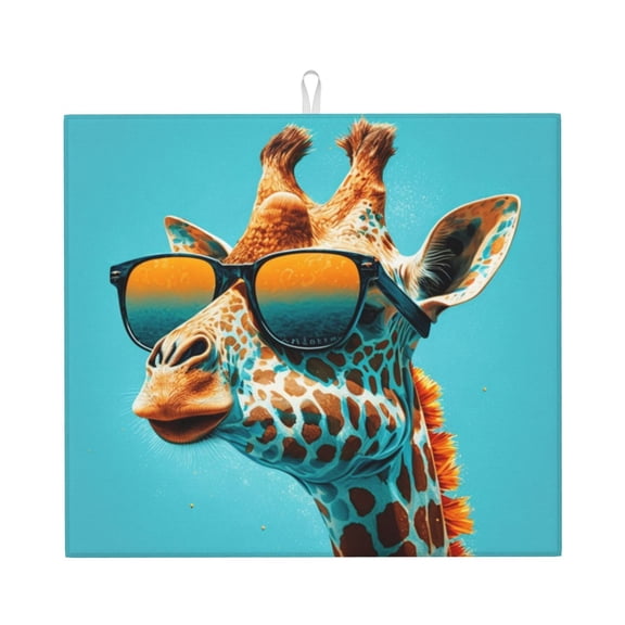 Giraffe With Sunglasses Sunny Day Cool Kitchen Drying Mat 18x16 Inch Ultra Absorbent Countertop Mat Foldable with Hanging Loop