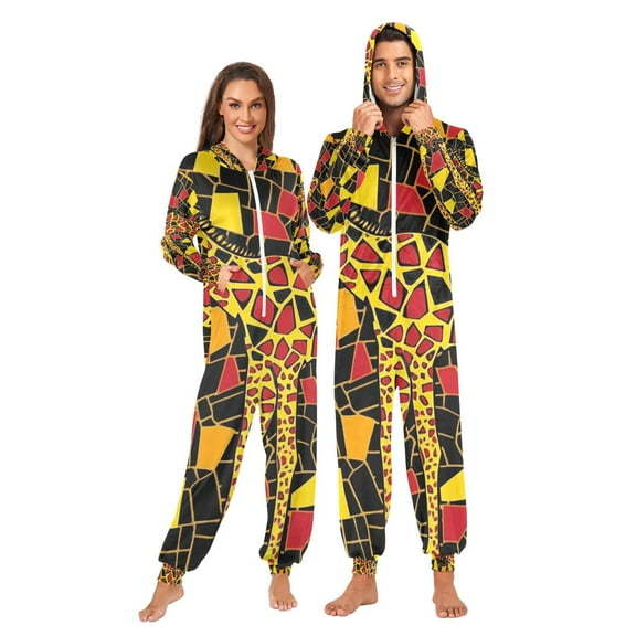Giraffe Yellow Blocks Adult Onesie Pajamas Slim Fit Christmas One Piece Suit Pjs for Women and Men Hooded Zipper