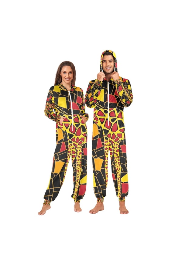 Giraffe Yellow Blocks Adult Onesie Pajamas Slim Fit Christmas One Piece Suit Pjs for Women and Men Hooded Zipper