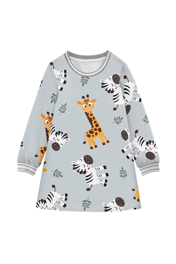 Giraffe Zebra Leave Pattern Girls'long-sleeved dress Thickened A-dress Warm Dress Basic Shirt Party Dresses