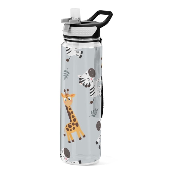 Giraffe Zebra Leave Pattern Sport Water Bottle Tritan with Straw 1000ml Portable for Outdoor Daily Use