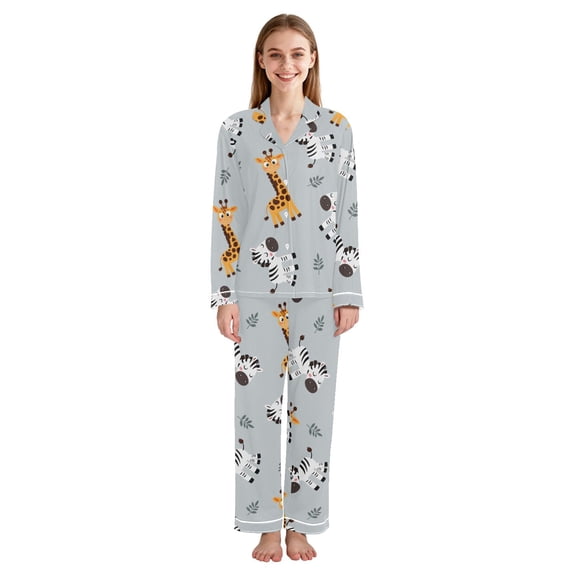 Smallest Pattern Giraffe Zebra Leave Pattern Women Pajama Set Soft Notch Collar Button ...