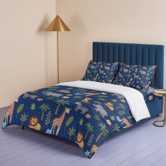 Giraffe Zebra Lion Tiger Elephant Queen Size Bed Set,Tropical Plant Forest Animal Bedding for All Seasons,4 Pcs Bed Set,1 Quiltcover (90"x90"),1 Sheet (90"x102"),2 Pillowcases (20"x30")