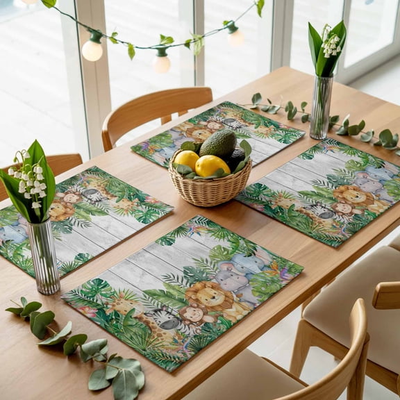 Giraffe Zebra Monkey Lion Placemats Set of 4,Wipeable Washable Table Mats for Dining Tables, Animal Theme Tropical Plant Place Mats for Kitchen Event Party Tabletop Decor