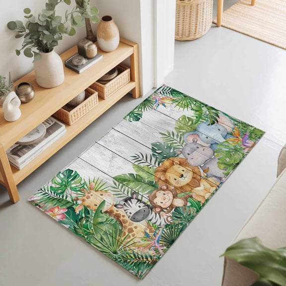 Giraffe Zebra Monkey Lion Rectangle Rug 2'x3' Animal Theme Tropical Plant Washable Area Rugs for Living Room Bedroom Entryway Non Slip Entrance Door Mat Indoor Floor Carpet