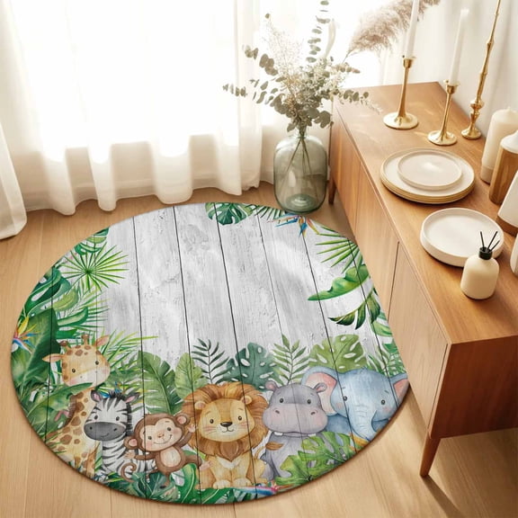 Giraffe Zebra Monkey Lion Round Rug 3ft Animal Theme Tropical Plant Washable Area Rugs for Living Room Bedroom Entryway Non Slip Entrance Door Mat Indoor Floor Carpet