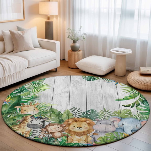 Giraffe Zebra Monkey Lion Round Rug 5ft Animal Theme Tropical Plant Washable Area Rugs for Living Room Bedroom Entryway Non Slip Entrance Door Mat Indoor Floor Carpet