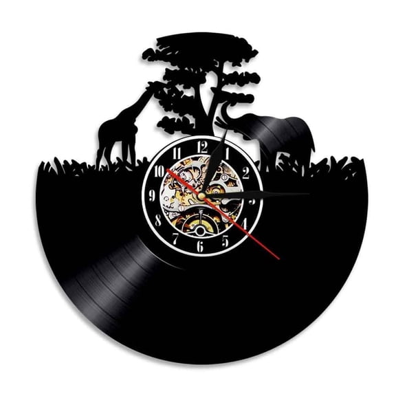 Giraffe and Elephant African Sunset Wall Clock Mother and Baby Animals Safari Nursery Wall Art Vinyl Record Wall Clock Kids Gift Without LED