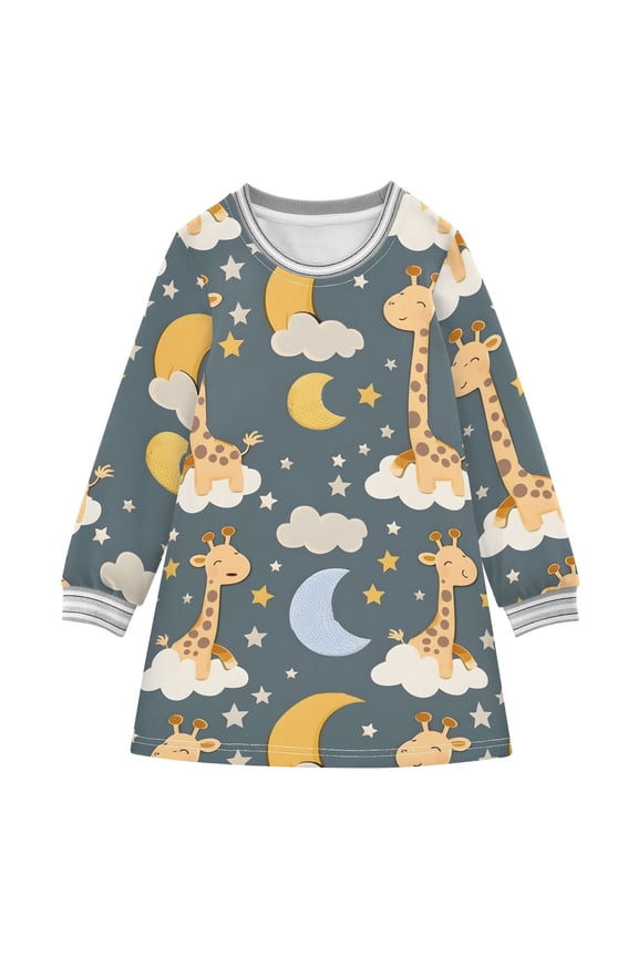 Giraffe and Moon Girls'long-sleeved dress Thickened A-dress Warm Dress Basic Shirt Party Dresses
