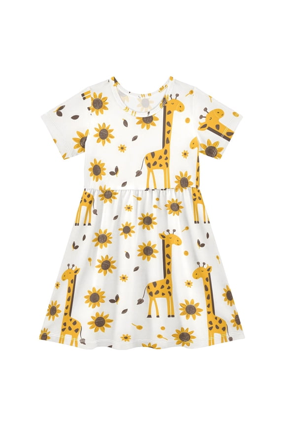 Giraffe and Sunflower Short Sleeve Dress A-Line Cute Midi Casual Sundress 2-8 Years