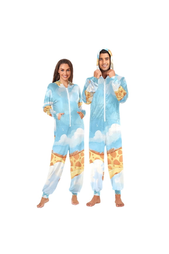 Giraffe in Clouds Adult Onesie Pajamas Slim Fit Christmas One Piece Suit Pjs for Women and Men Hooded Zipper